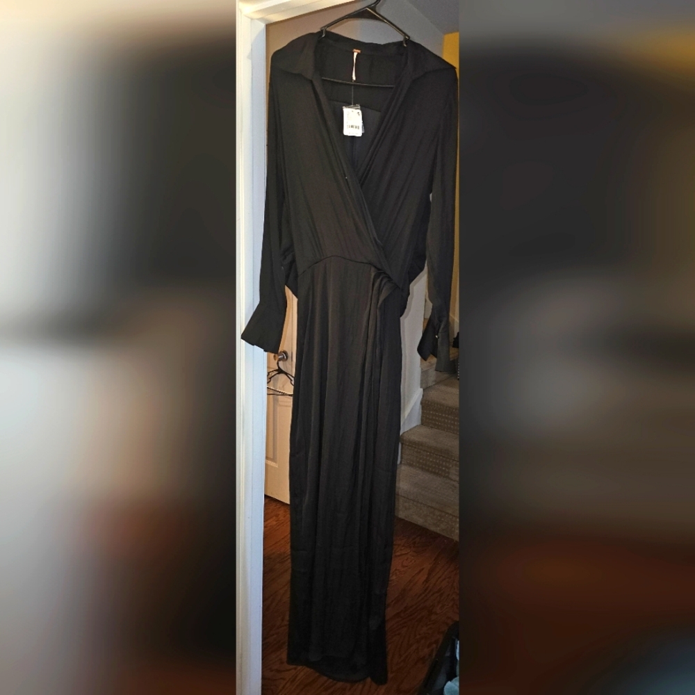 NWT!! Free People georgeous long black dress with side slit - back cut out sz 4